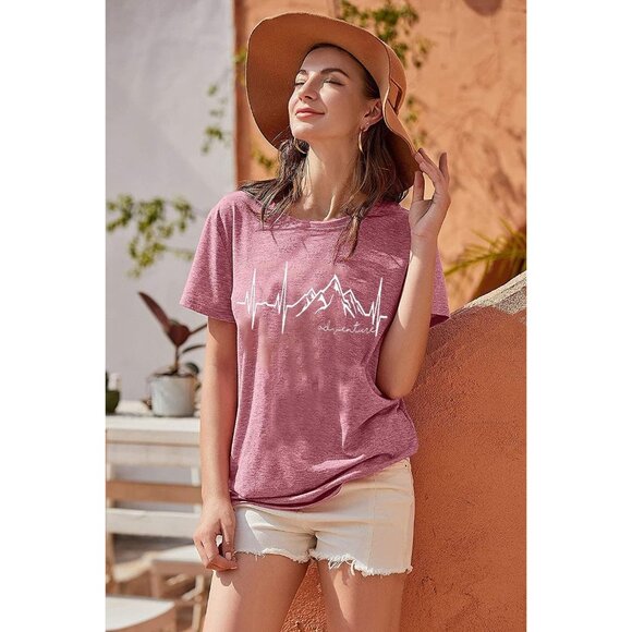 🆕Women Pink Cotton Blended Graphic T-Shirt Mountain Adventure Hiking - Picture 2 of 7